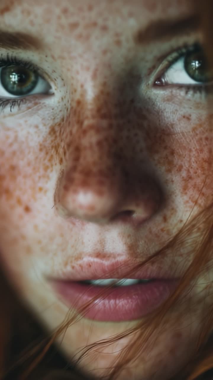 Un ritratto accattivante di un individuo lentigginoso con occhi scintillanti e capelli fluenti, catturato in due momenti che enfatizzano la bellezza naturale e i tratti espressivi.
