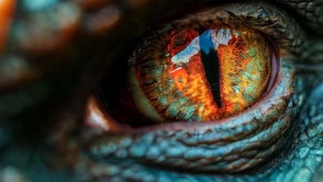 a close up of a dragon's eye with red and blue eyes