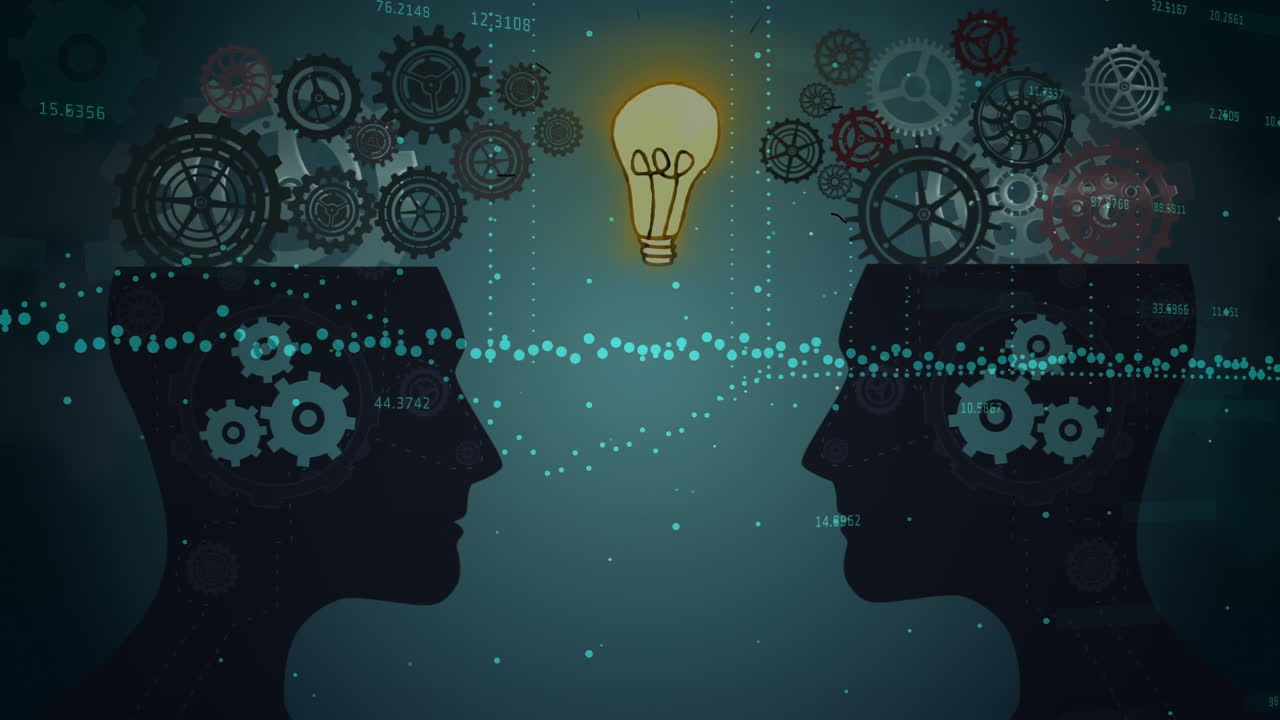 Animation of graphs over heads, moving gears and bulb