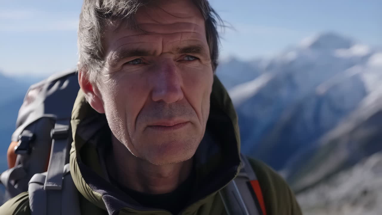 Close-up Portrait of a Man Hiking in Snowy Mountains