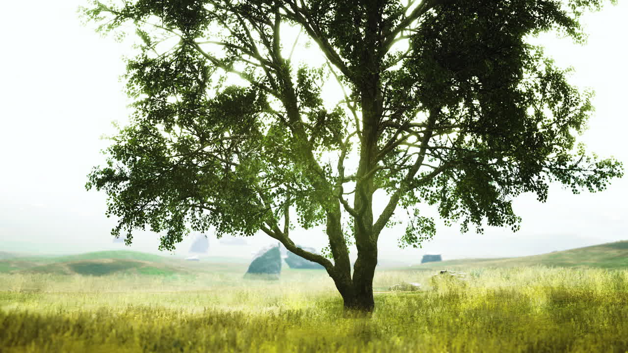 Beneath a canopy of green a solitary tree stands in tranquil sunlight