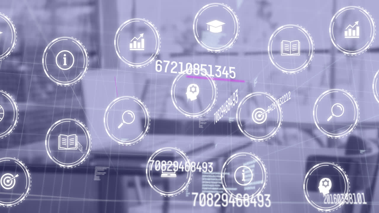 Animation of network of connections with icons over office desk