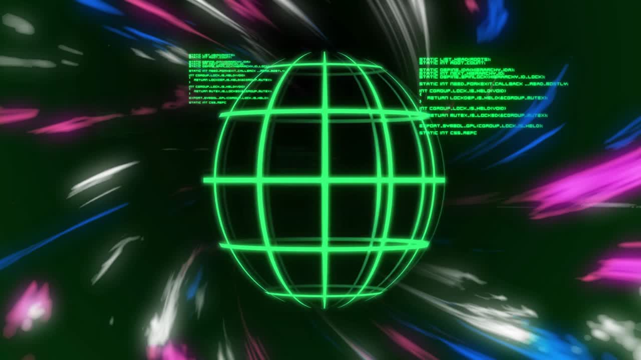 Neon green wireframe sphere floating in cyberspace, displaying code blocks, multicolored streaks