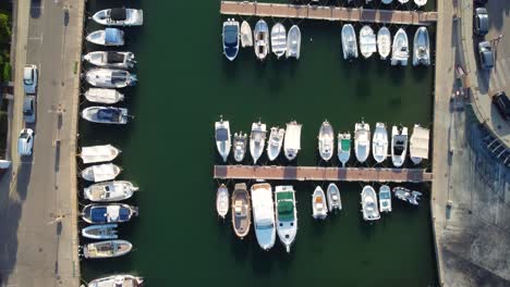 top down view of boats in harbor of portopetro