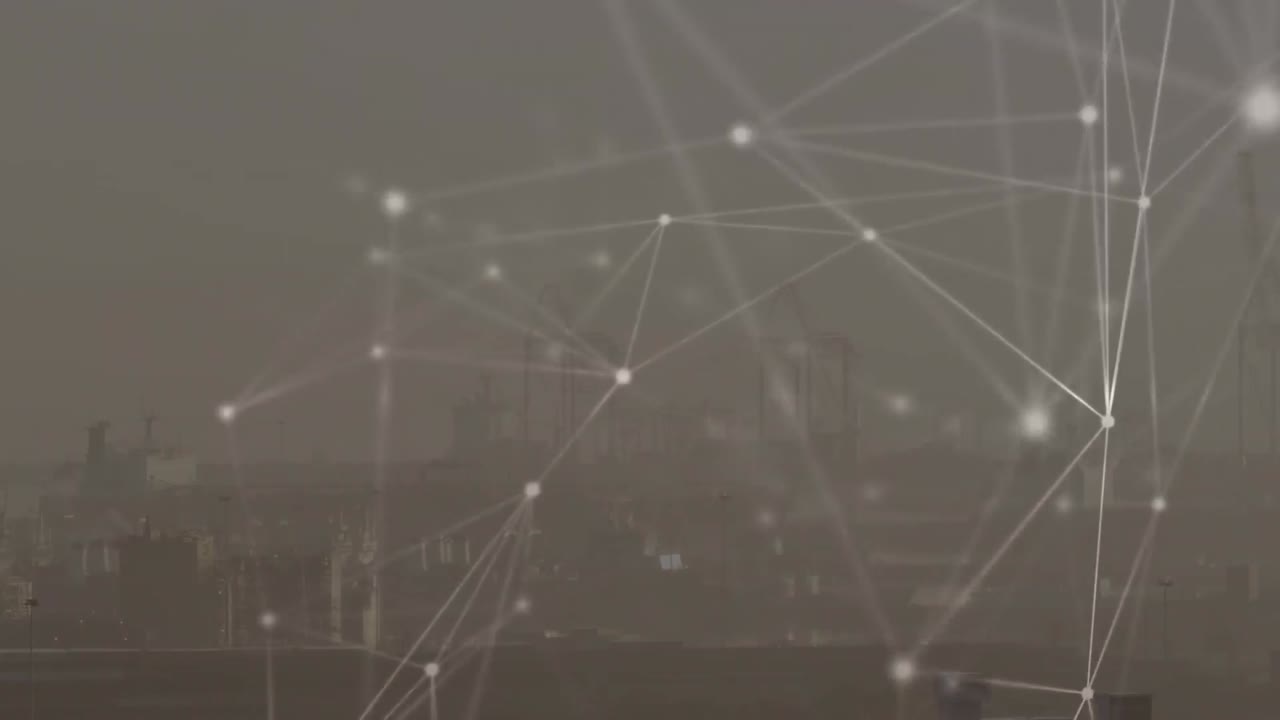 Animation of network of connections against aerial view of cityscape