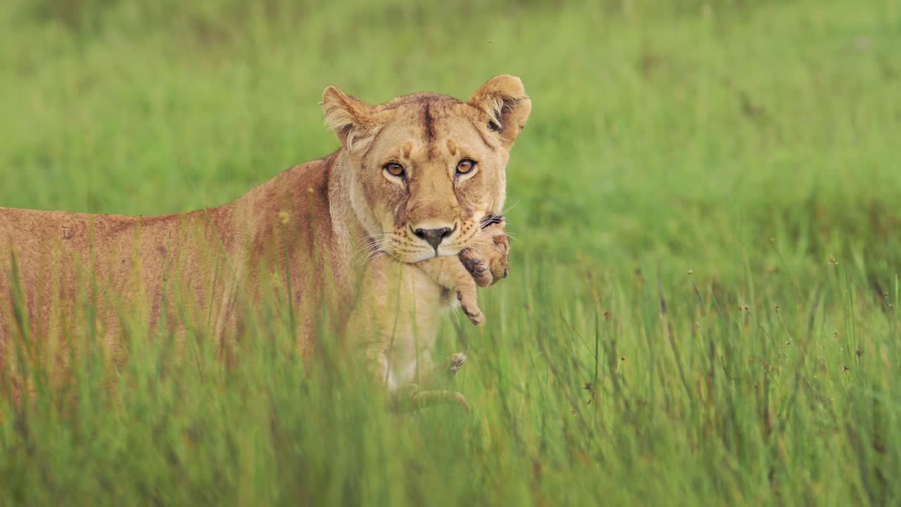 leeuwin moeder die een leeuwenwelp draagt in het serengeti national park in tanzania in afrika, schattige kleine jonge pasgeboren leeuwen in de mond van de moeder, afrikaanse dieren in het wild en dieren safari