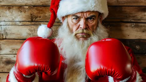 un hombre vestido como santa claus con guantes de boxeo rojos