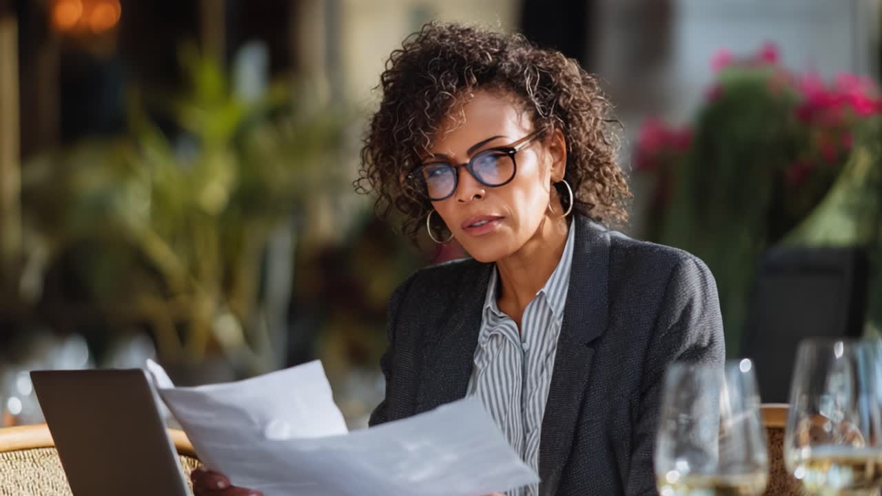 Professionista concentrato che esamina documenti in un ambiente moderno con luce naturale e arredi eleganti per un ambiente di lavoro produttivo