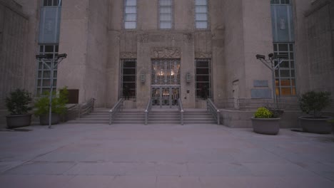 Pan-up-shot-revealing-Houston-City-Hall-building