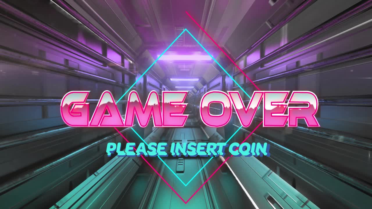 Neonvalokäytävä alkaa, GAME OVER -teksti pyyhkäisee ja laajenee, teksti VASETA KOLIKKOA sykkii timanttikuvioinnilla