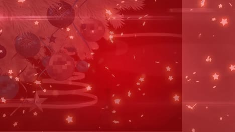 Animation-of-glowing-stars-over-decorated-christmas-tree-branch-against-red-background