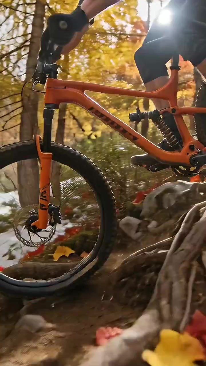 Vídeo vertical: Roda dianteira atingindo folhas, bicicleta laranja e ciclista passando rapidamente por raízes de shorts
