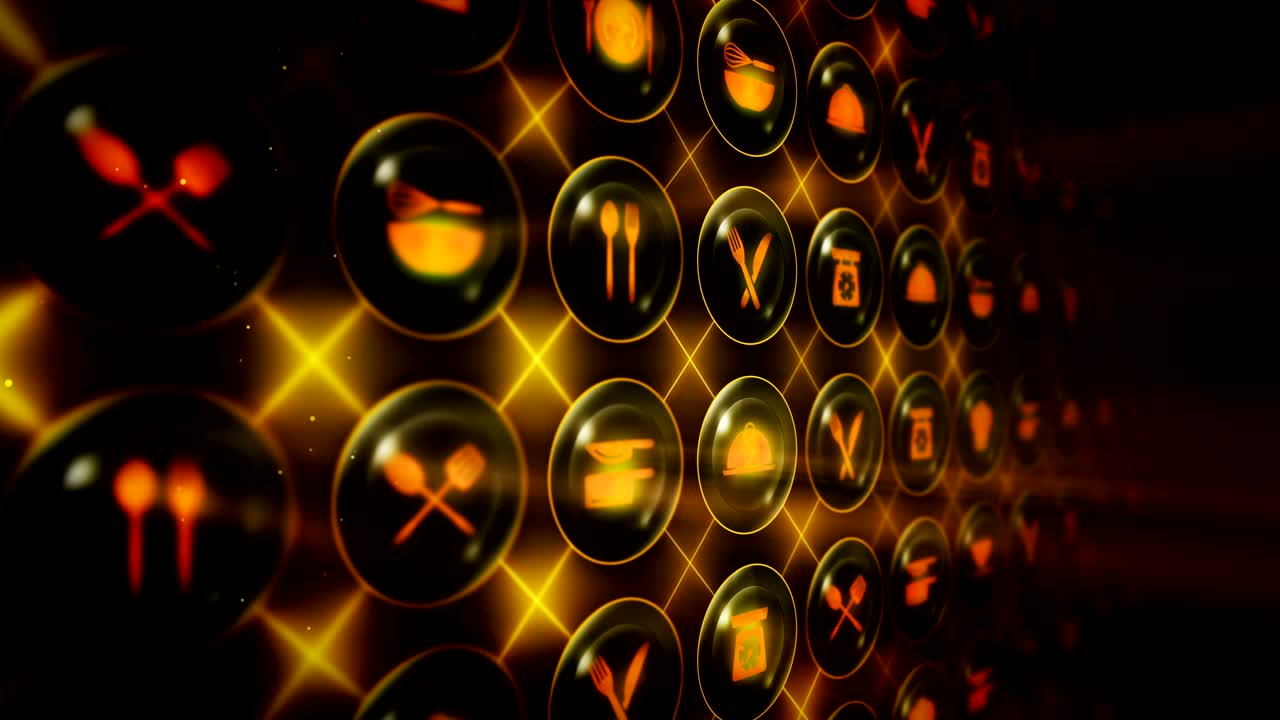 conjunto de iconos de restaurantes, fondo de utensilios de cocina de restaurantes, animación de bucle cg,