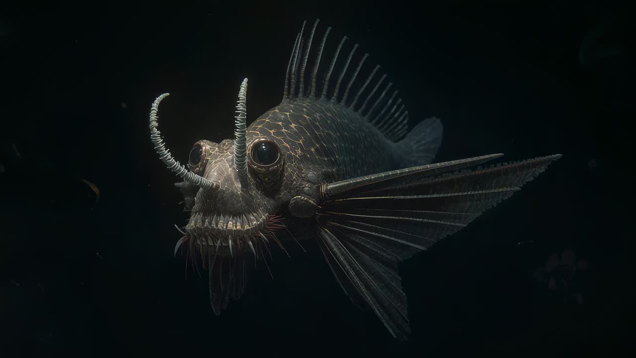 Un poisson des grands fonds s’approche en se tournant vers la caméra dans l’eau sombre, réagissant à la lumière et révélant ses barbillons