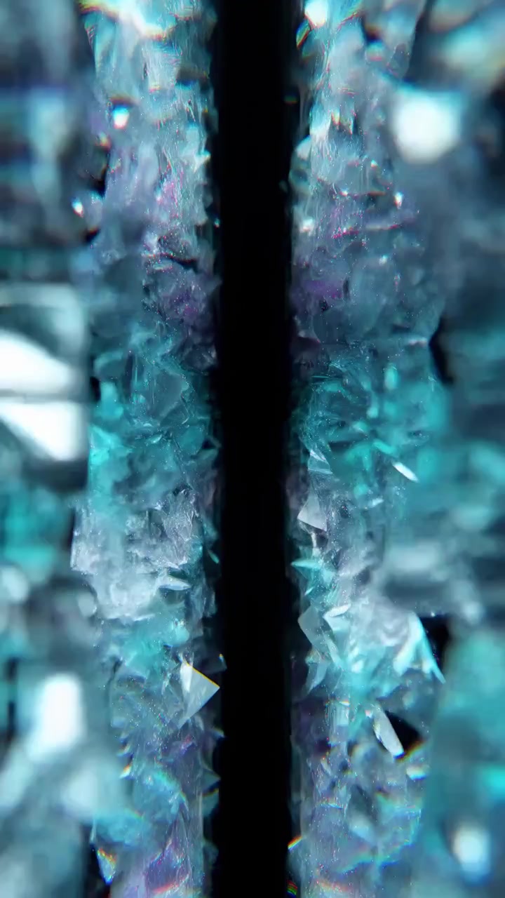 Reflective translucent fragments drift and scatter through dark space while cool cyan and violet light reveals changing shapes, layered depth, glossy surfaces, and abstract fluid movement.