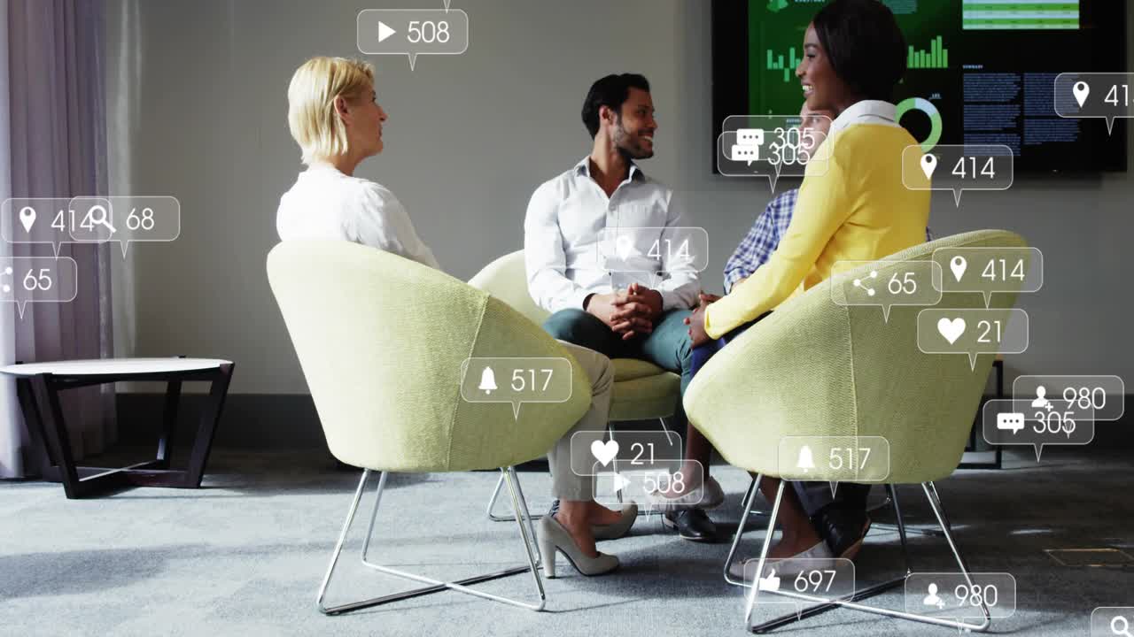 Business team entering meeting room and conversation turning to metrics with floating data icons