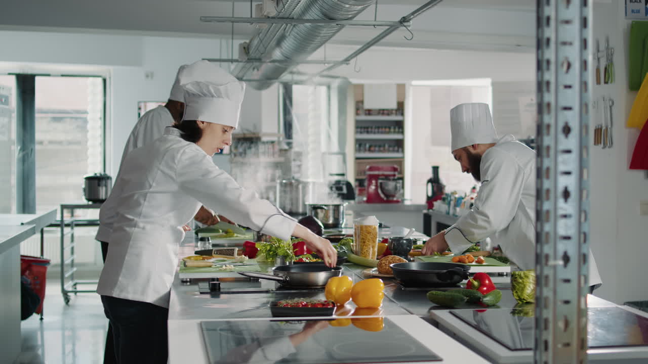 People cooking professional food recipe in restaurant kitchen