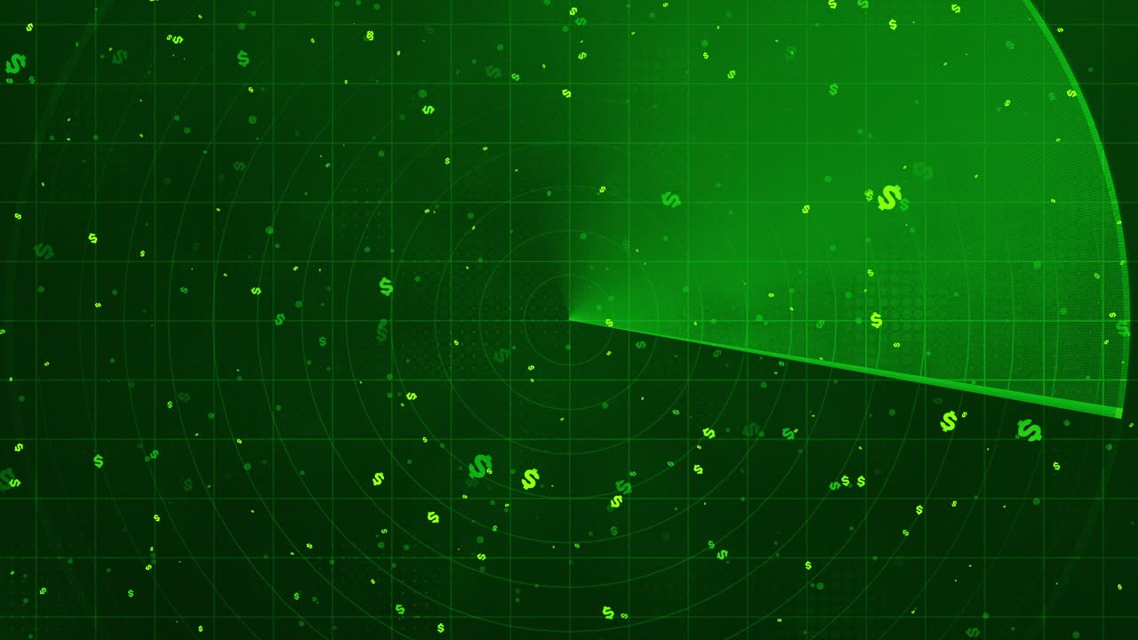 Loopable green radar screen animation with rotating beam and floating dollar symbols