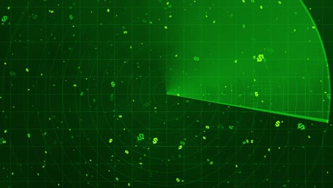 loopable green radar screen animation with rotating beam and floating dollar symbols