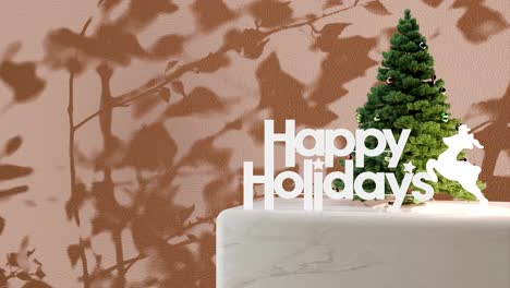 Small-Christmas-tree-with-"Happy-Holidays"-sign-on-marble-platform-with-yellow-floral-shadow-background