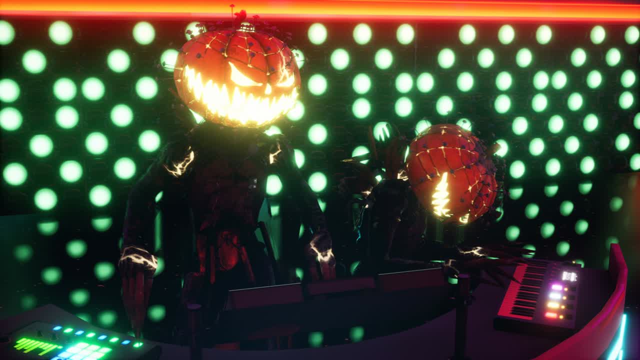 공포 dj는 할로윈 휴일 동안 어두운 클럽에서 파티를 개최합니다. 휴일과 할로윈 배경에 대한 원활한 루핑 애니메이션.