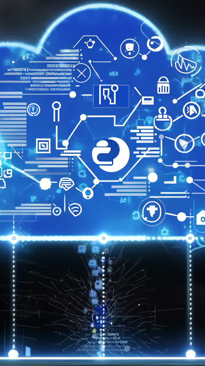 A cloud of technology is displayed in a dark background. The cloud is made up of many different icons, including a laptop, a cell phone, and a computer monitor. Concept of a vast network of technology