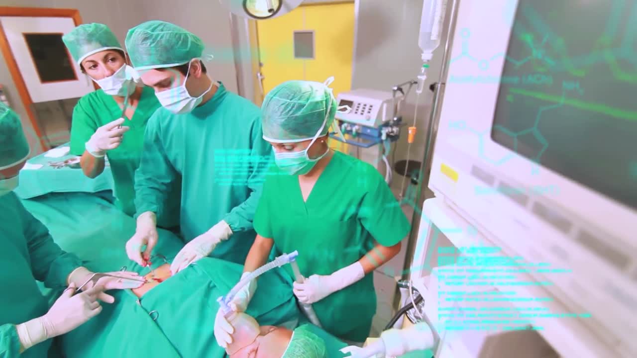 animación del procesamiento de datos científicos y estructuras químicas sobre diversos cirujanos que operan