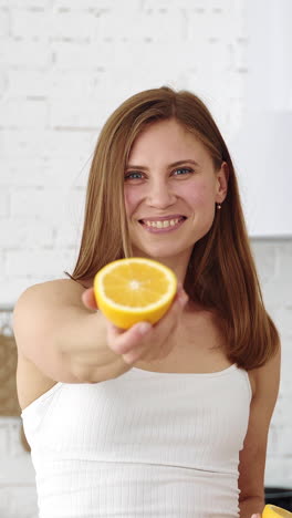 a smiling girl in the kitchen offers an orange slice in her hand. vertical video