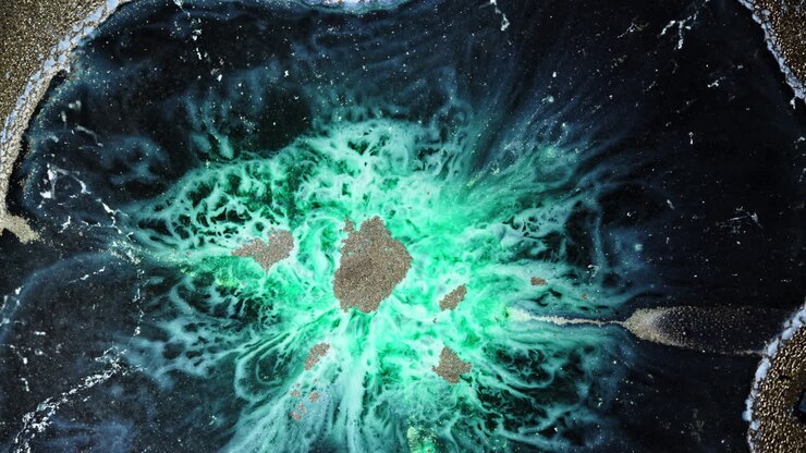 Vivid ink mix, hypnotic flow in macro shot, creative and calming abstract art