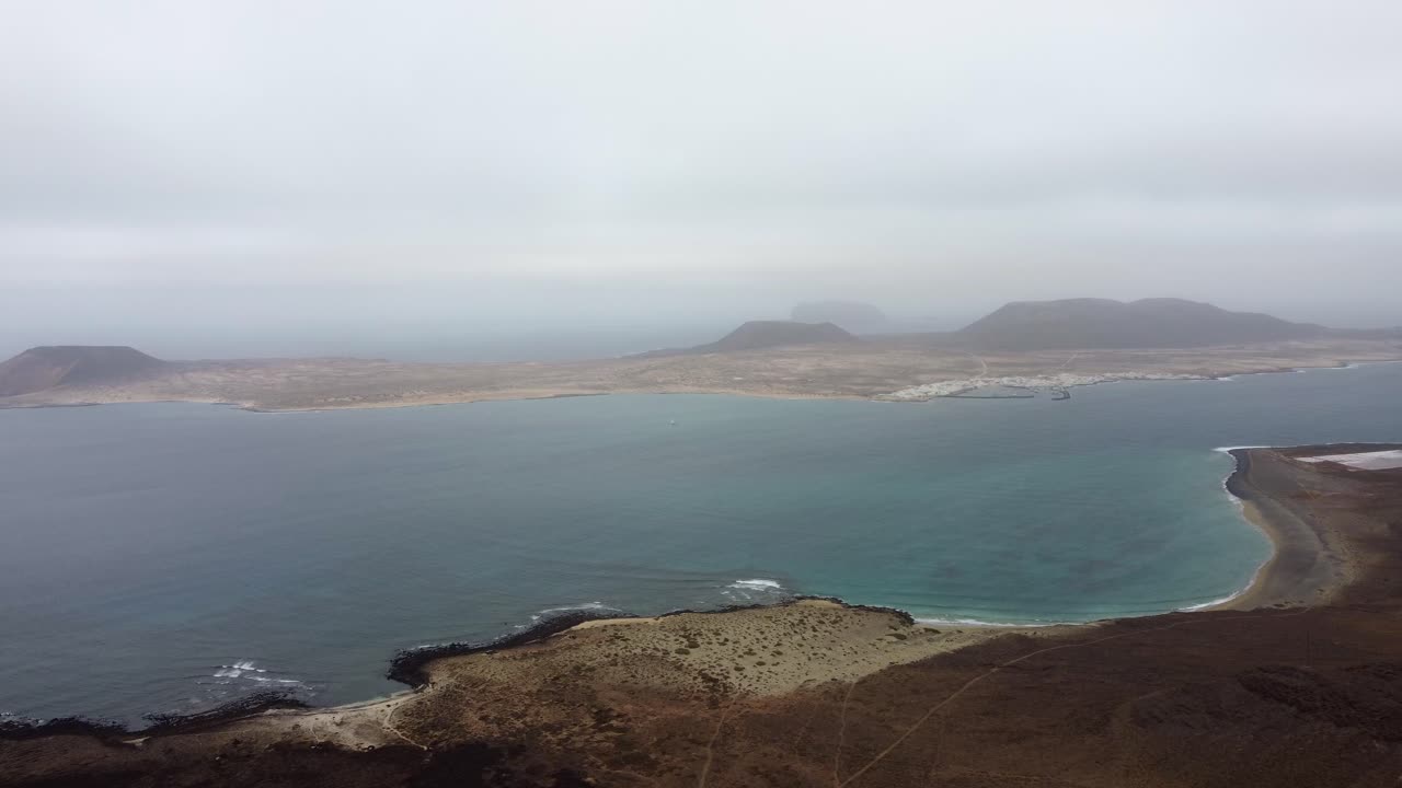 Blue Waterscape Of The Atlantic Ocean At The Seafront Of Lanzarote Island In Spain. La Graciosa island. aerial