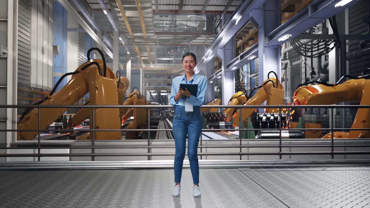 Full Body Of Asian Female With Industrial Robotic Arms Working, Typing On Tablet'S Keyboard And Looking Camera And Smiling