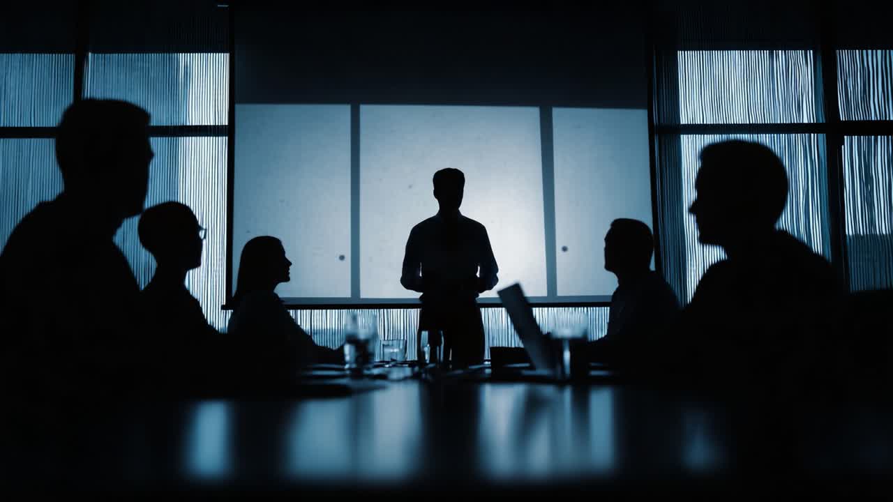 A Dynamic Business Presentation: Engaging Silhouettes in a Conference Room as a Speaker Captivates an Audience with Insightful Ideas and Strategic Vision