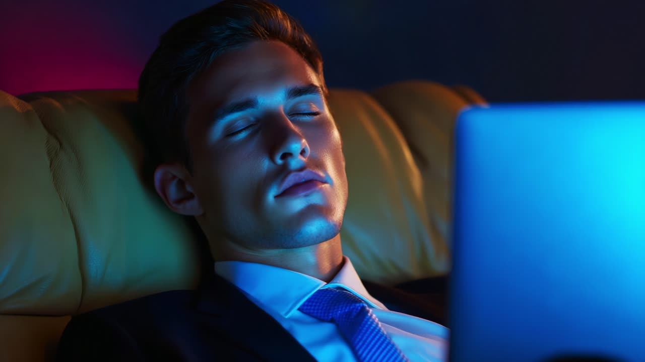 A Young Professional in a Suit Relaxing and Potentially Napping While Sitting on a Couch with a Laptop, Surrounded by Soft Blue and Purple Lighting, Creating a Calming and Chill Atmosphere
