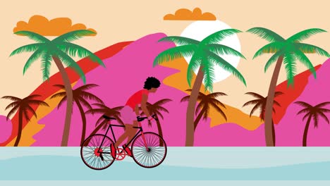 una ciclista afroamericana está montando una bicicleta en la playa con la puesta de sol. animación de dibujos animados de verano, diseño plano, bucle 4k