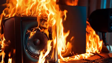 a computer keyboard and speakers on fire in a room