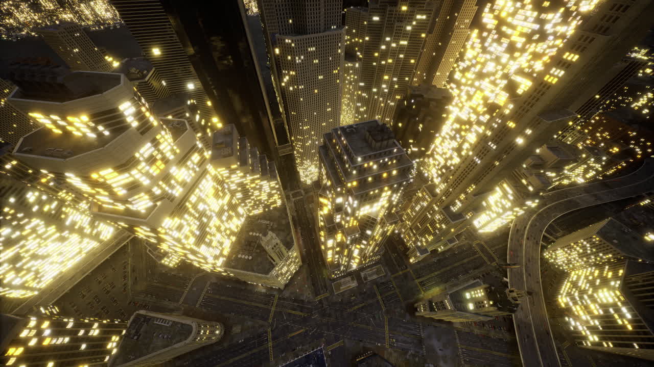 City skyline illuminated by vibrant golden lights at dusk