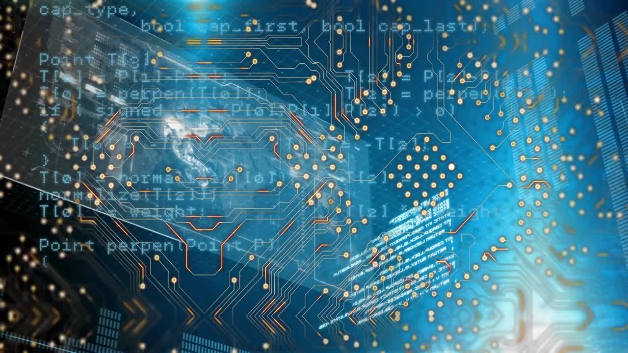 Animation of integrated circuit over data on blue background