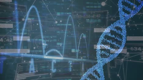 animation of spinning dna struture and heart rate monitor against mosaic squares on blue background