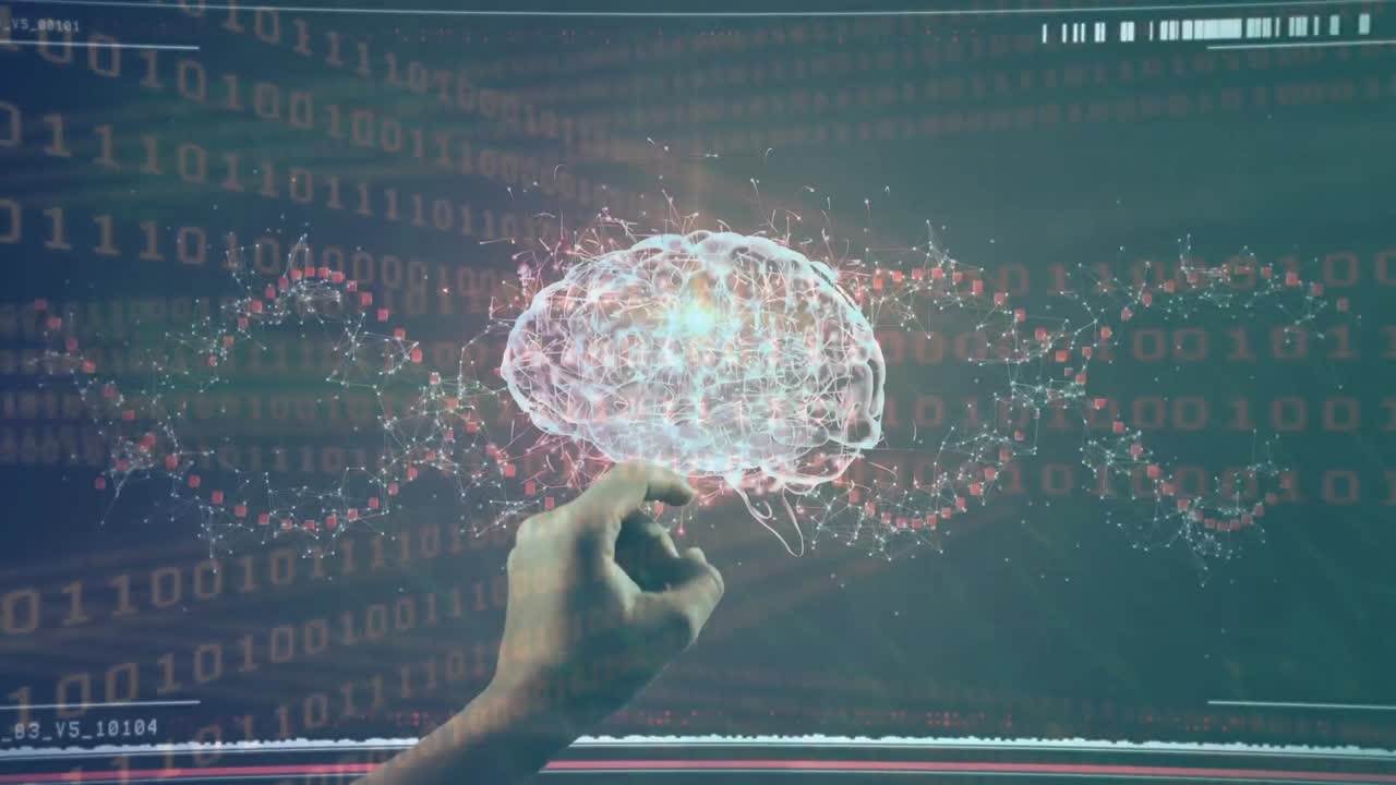 animación de codificación binaria sobre el cerebro digital tocando el dedo humano