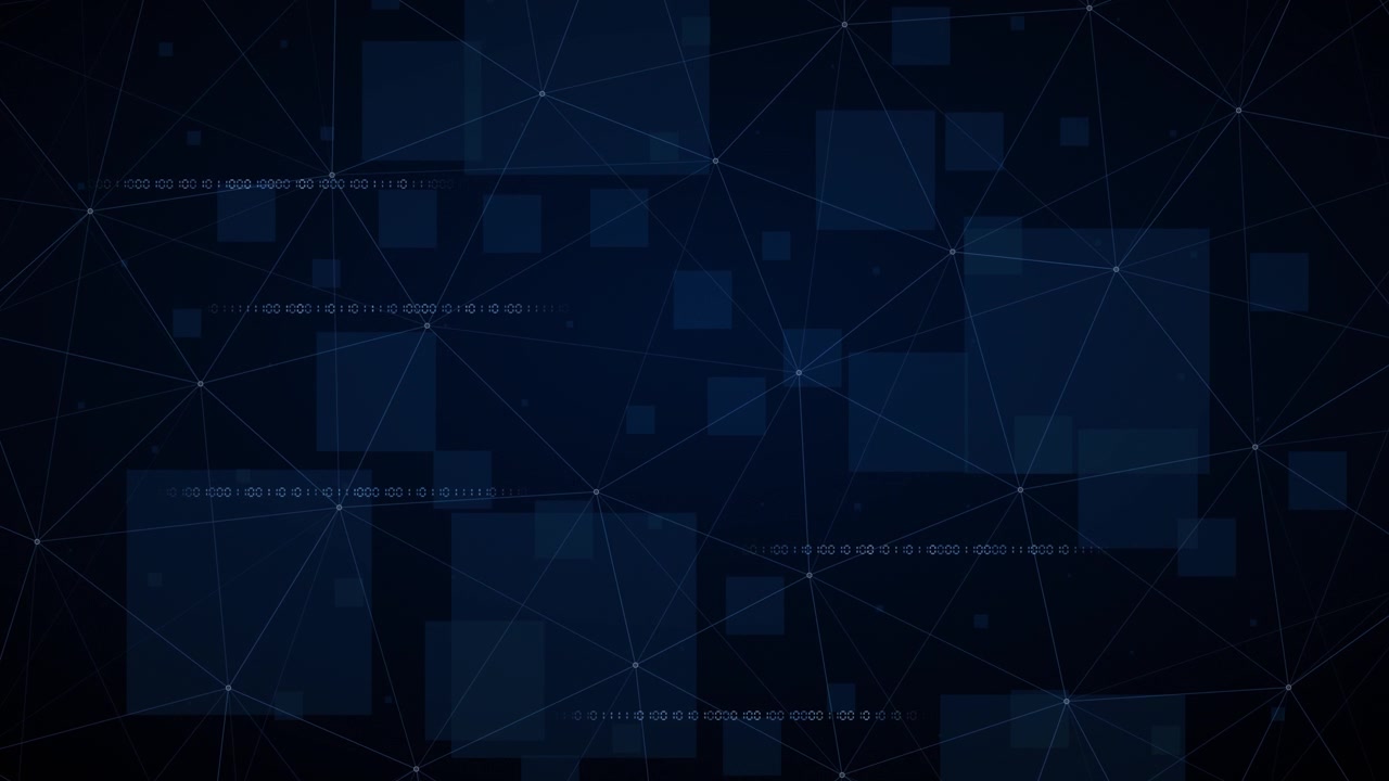 Animazione di sfondo digitale astratta loopabile blu scuro ad alta tecnologia, codice binario che scorre, linee di rete interconnesse e forme geometriche fluttuanti per presentazioni di tecnologia moderna