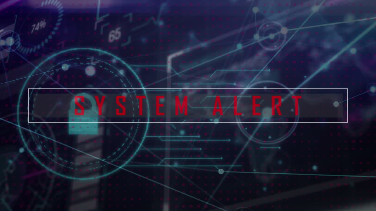 Animation of system alert text over security padlock icon against interface with data processing