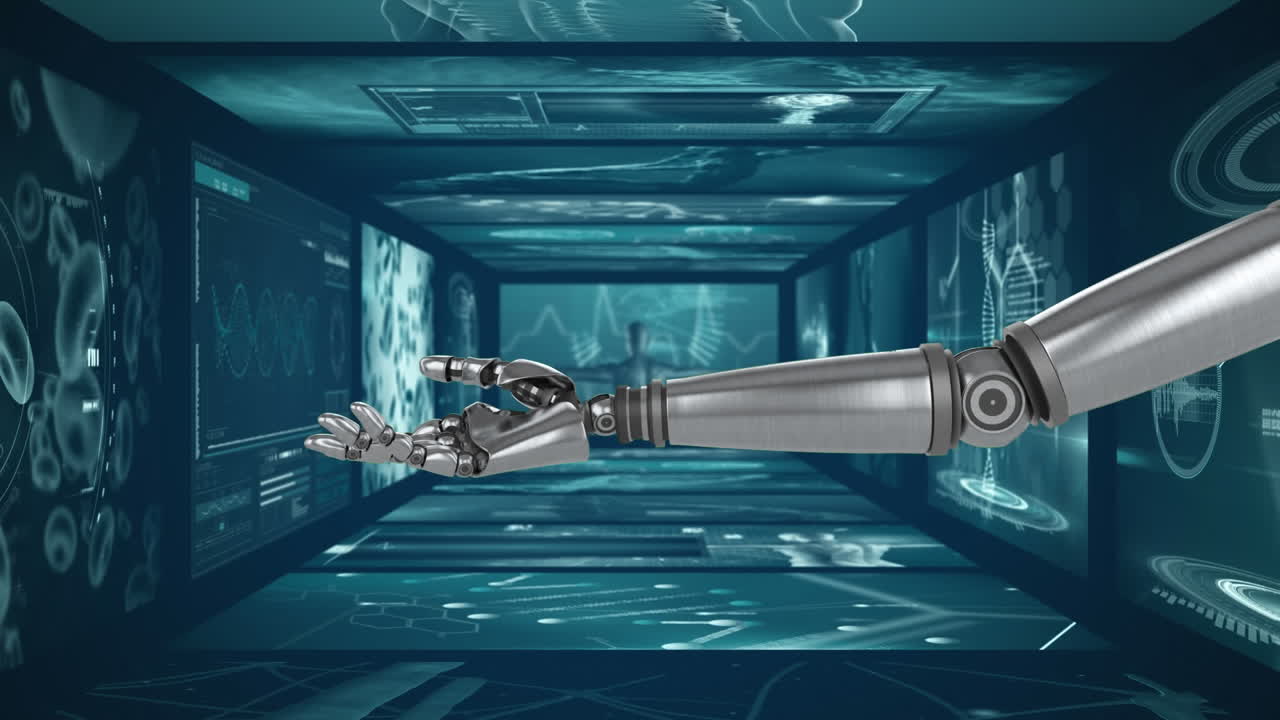 video generado digitalmente de la mano robótica y el procesamiento de datos médicos