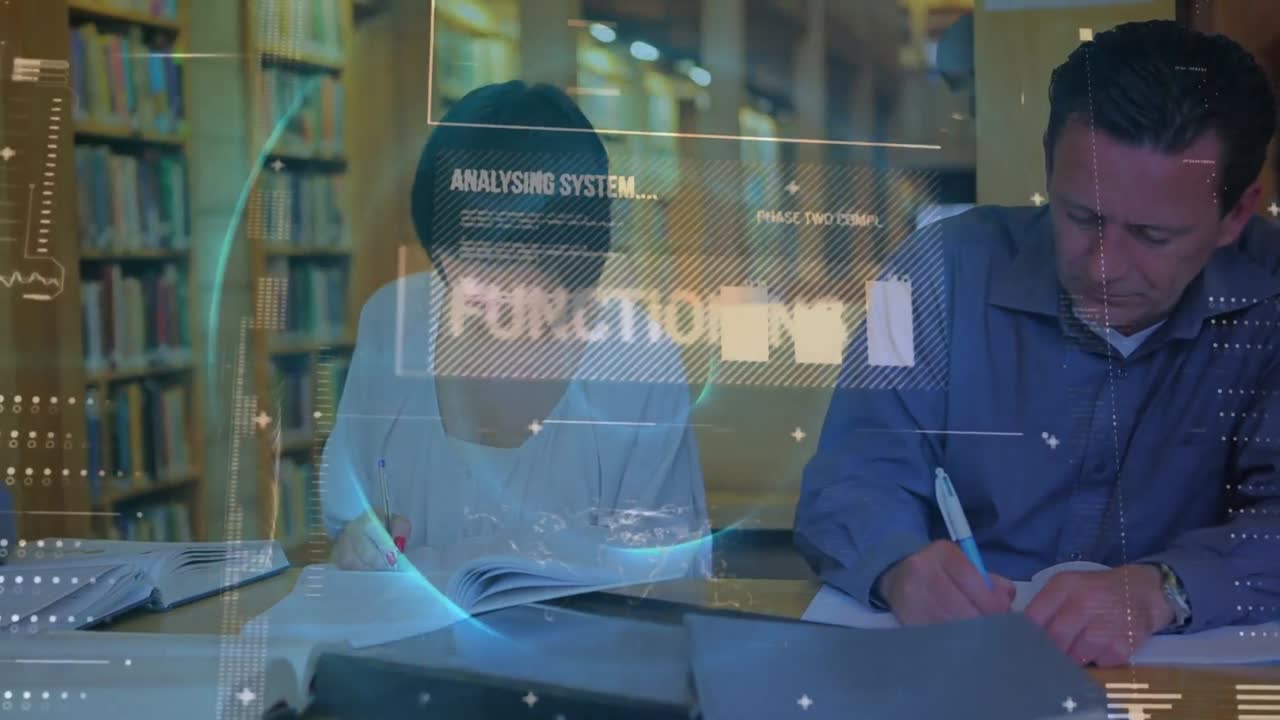 animación del procesamiento de datos sobre maestros caucásicos en la biblioteca