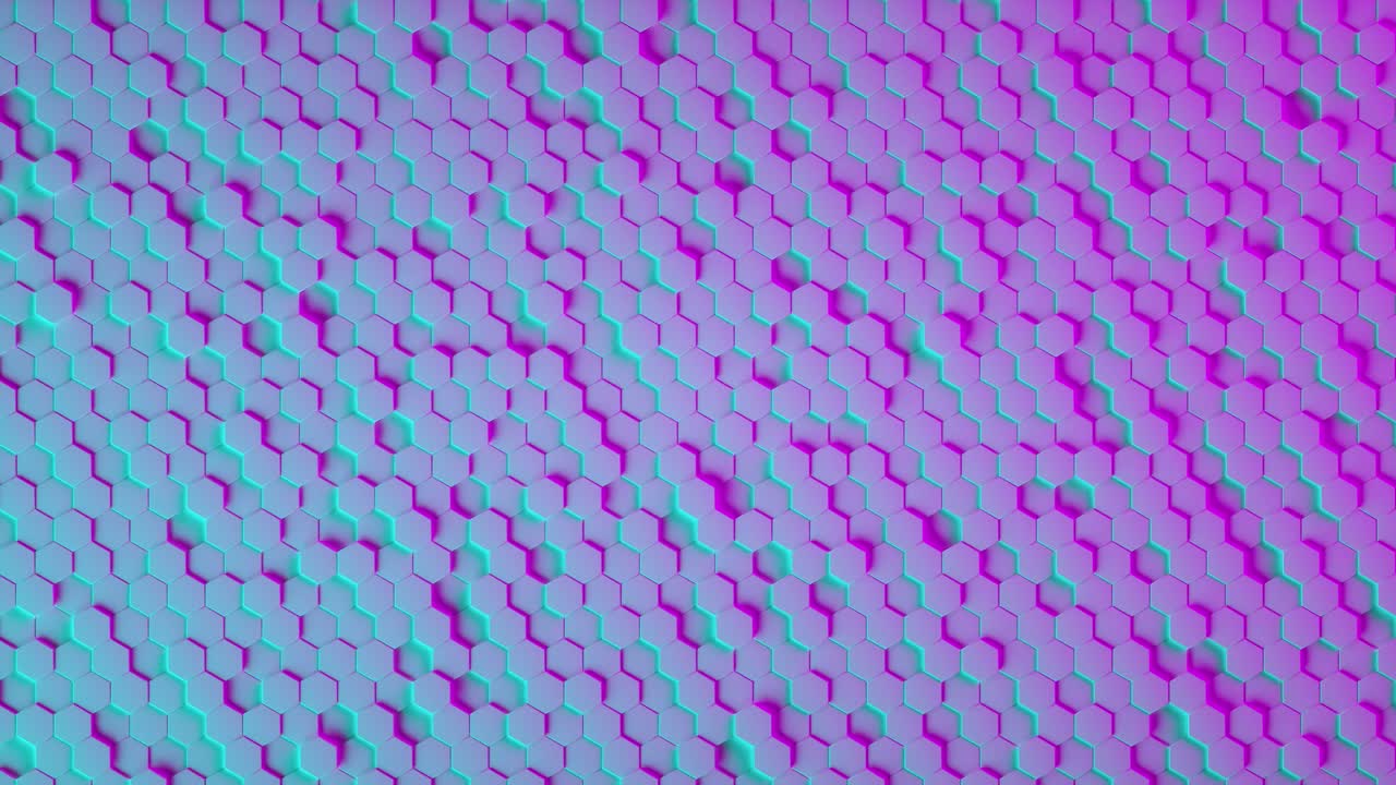 Hexagon geometric pattern as abstract background with neon light. 3d animation loop