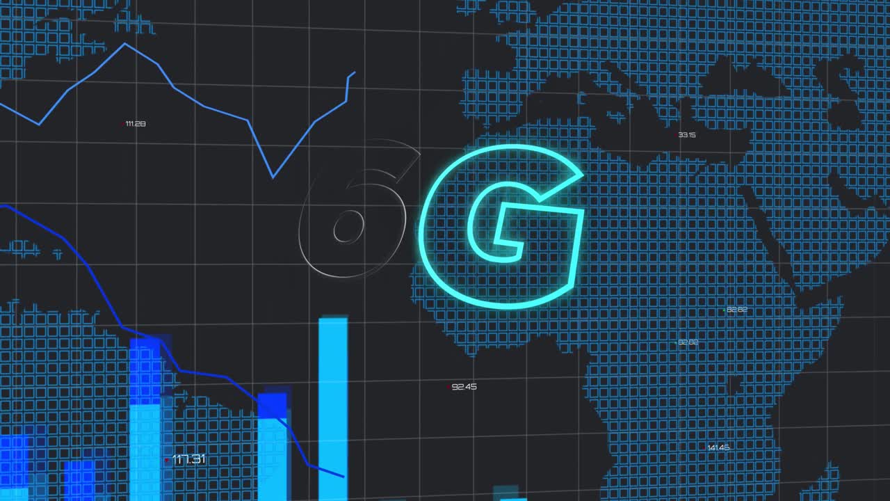 animación de texto de 6g y procesamiento de datos en fondo negro