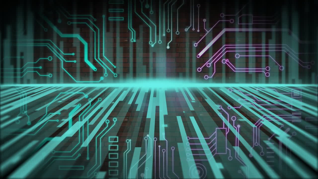 Animation of computer circuit board over blue stripes on black background