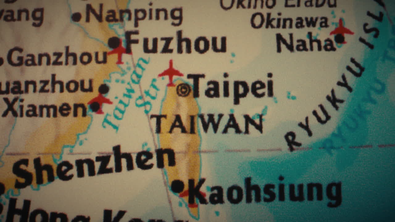 Close-up of a Map Focused on Taiwan and Surrounding Regions