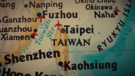 close-up of a map focused on taiwan and surrounding regions