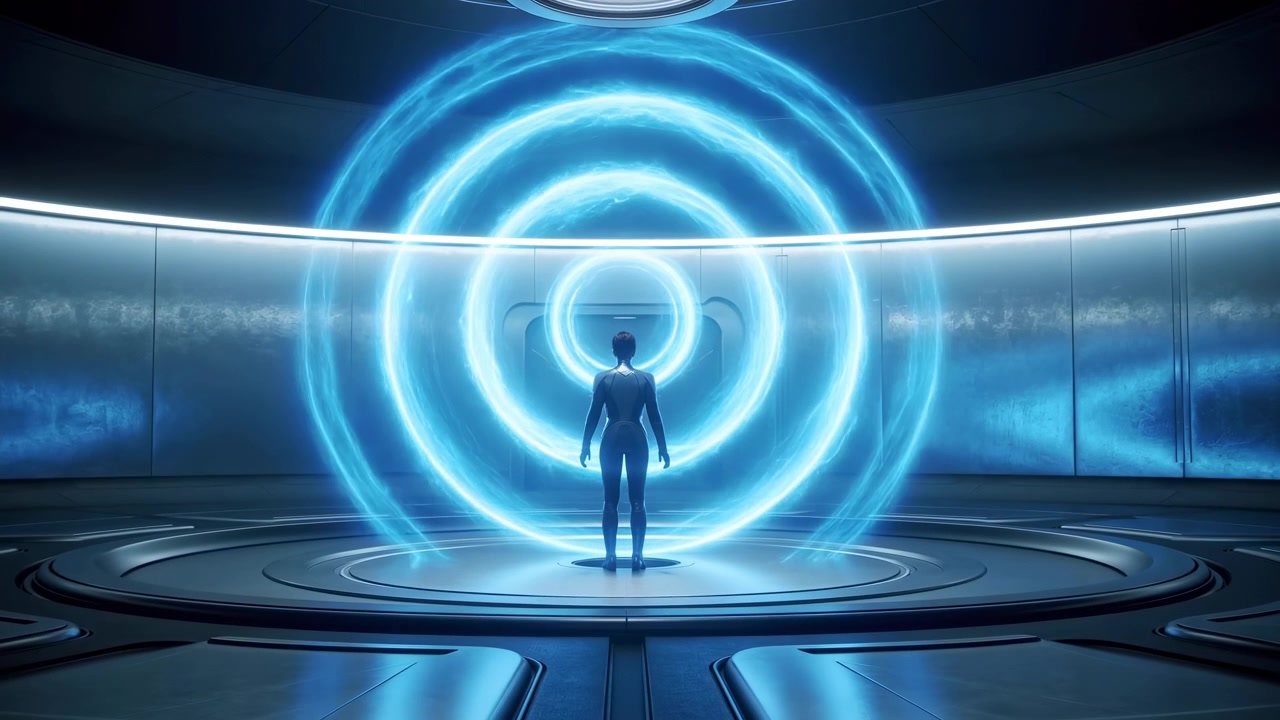 Astronaut Standing Before Glowing Portal, Sterile Circular Chamber With Concentric Blue Energy Rings Pulsing