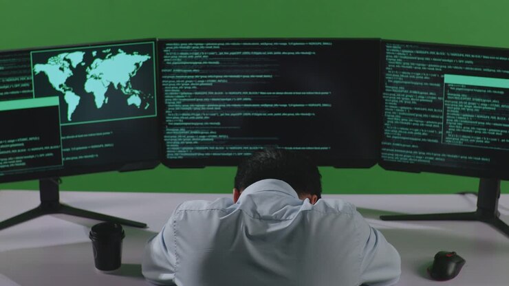 Back View Of Tired Asian Man Developer Sleeping While Write Code With Multiple Computer Screens In Green Screen Studio